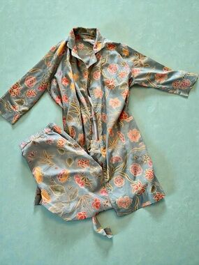 Peruvian Connection Floating Garden Floral Robe & Pajama Pants M/L Pima 2pc EUC